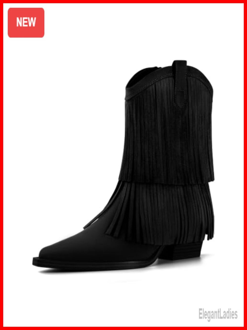 Suede Fringe Cowboy Boots Mid-Calf Pointed Toe Block Heel Western